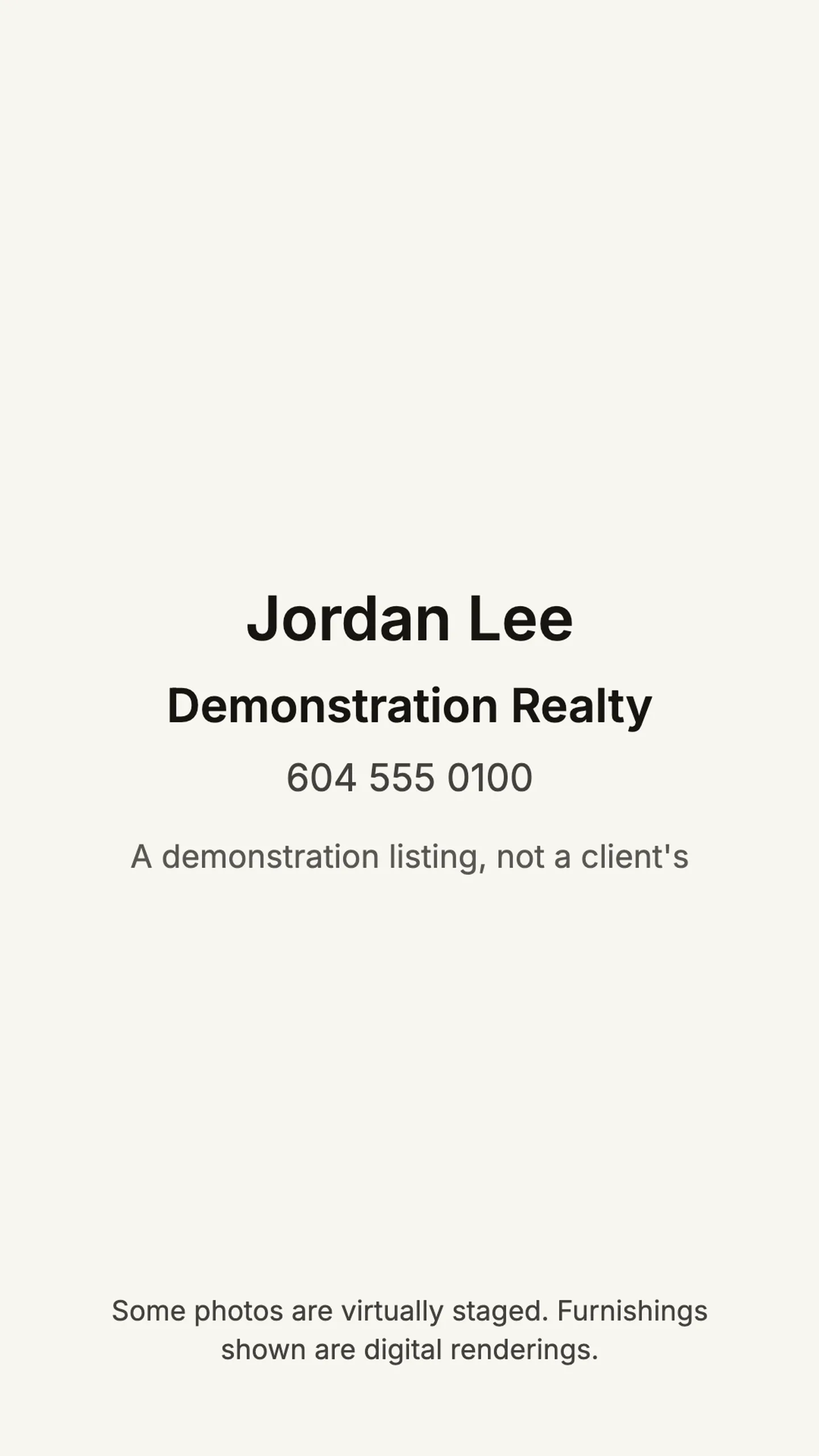 The closing card: the agent's name, brokerage and phone above the staging disclosure.