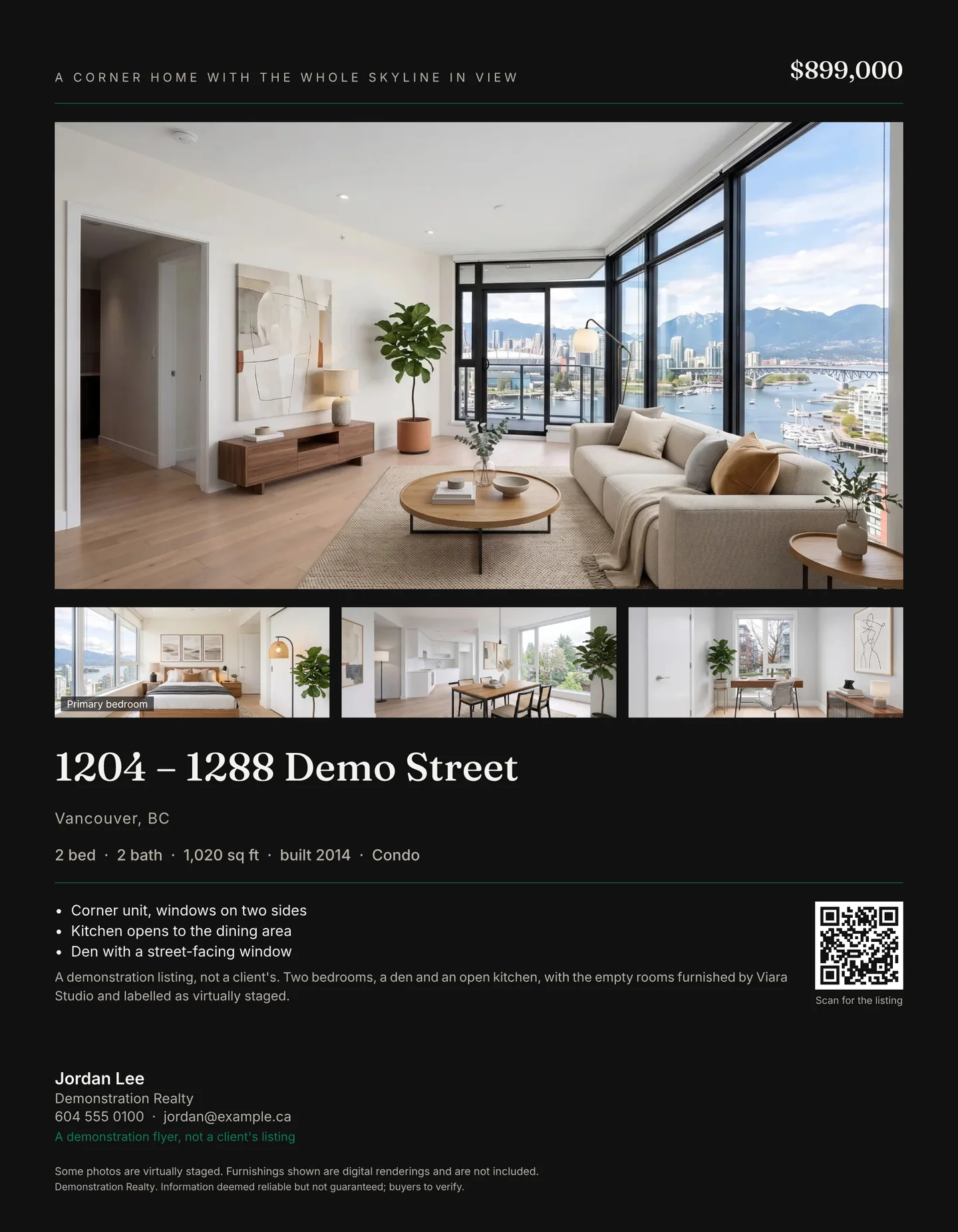 The same listing on the Luxury flyer, on an ink ground: the headline in spaced capitals beside the price, the staged living room with three rooms beneath it, then the address in a serif, the facts, a QR code and the agent's details.