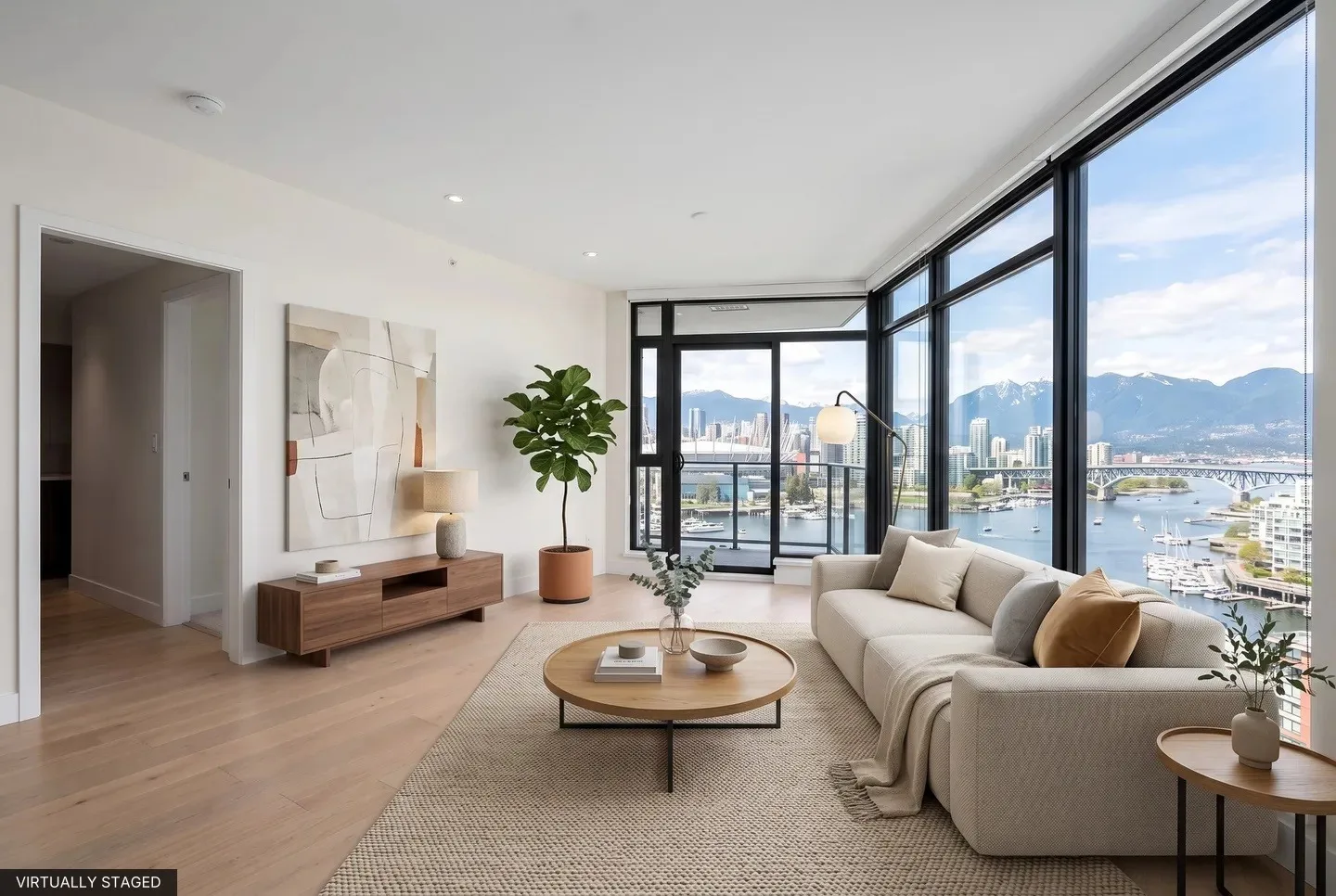 The staged living room as a post carries it, with Virtually staged burned into the corner.