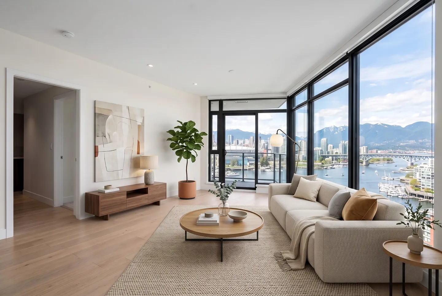 A living room after Viara Studio staged it: furniture, rugs, lamps and art added.
