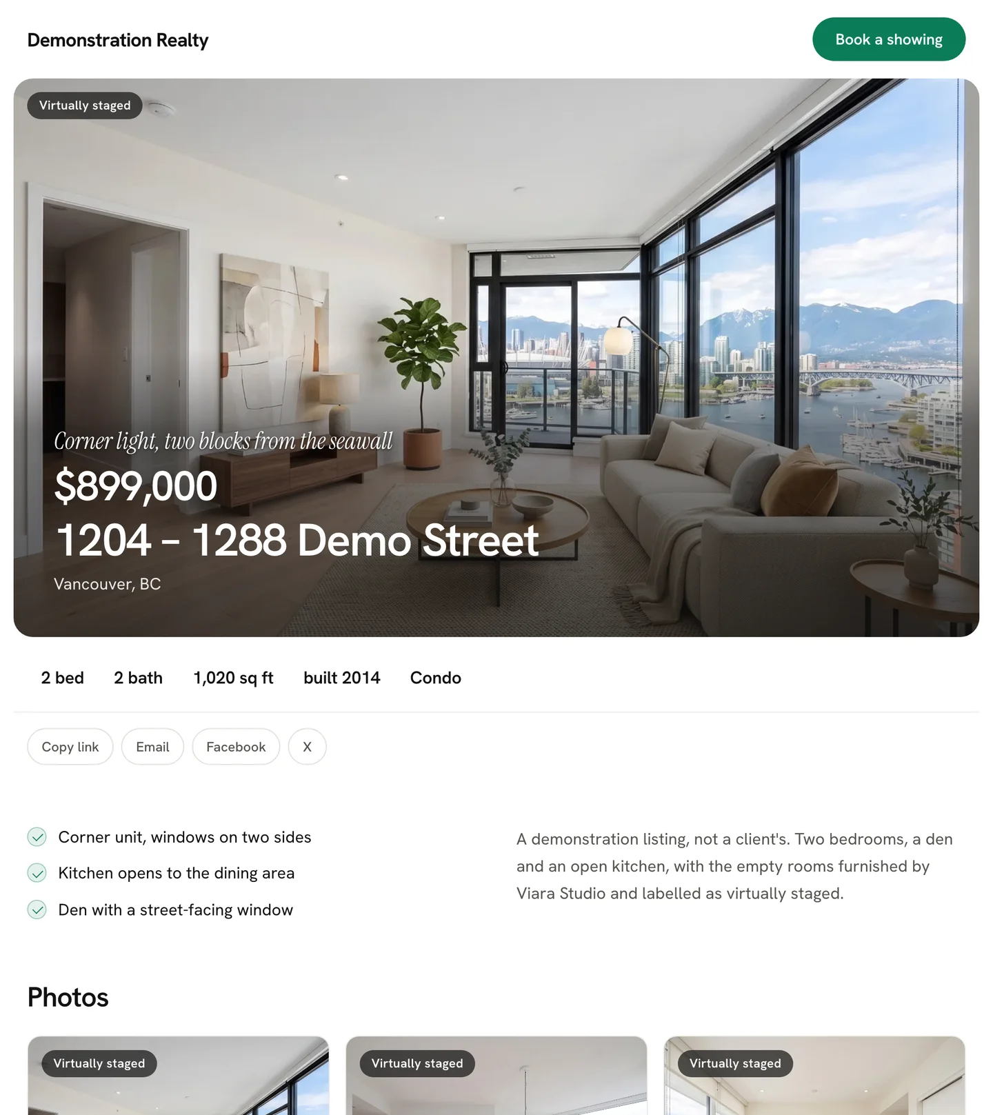 The top of the listing page in its Classic template: the brokerage name and a Book a showing button, a staged living room marked virtually staged, the price, the address, a row of facts and the start of the gallery.